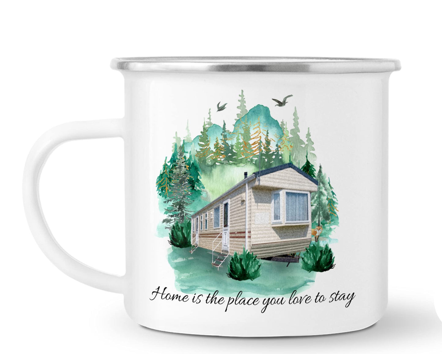 Vixar Enamel Mug Cup, is Ideal for Camping, Caravan, Fishing & Travel, in White with Silver Trim, 10oz, Coffee Tea, Gift, Christmas, Birthday Gift (Home is The Place You Love to stay1)