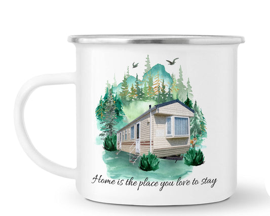 Vixar Enamel Mug Cup, is Ideal for Camping, Caravan, Fishing & Travel, in White with Silver Trim, 10oz, Coffee Tea, Gift, Christmas, Birthday Gift (Home is The Place You Love to stay1)