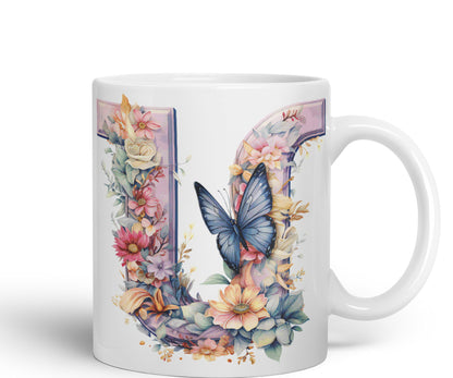Letter U mug, Floral flowers butterfly Alphabet Letter U Monogram watercolour Ceramic Coloured Mug Cup for Tea Coffee Hot brew 330ml 11Oz Gift