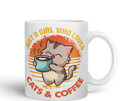 Just a Girl Who Loves Cats & Coffee, cat Sarcastic Joke Ceramic Coloured Mug Cup for Tea Coffee Hot Brew 330ml 11Oz