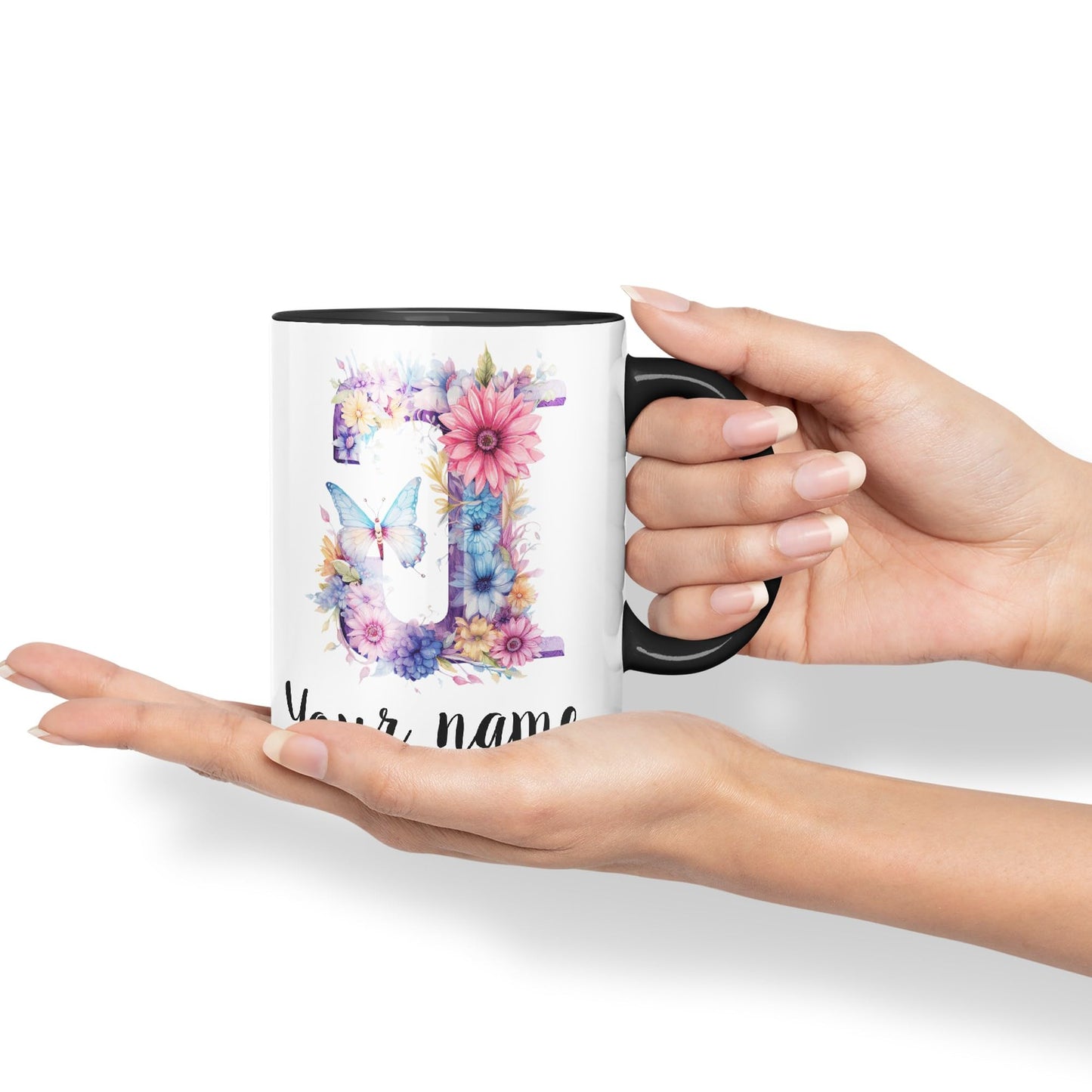 Personalised Letter J mug, Customized Custom Floral flowers butterfly Alphabet Letter J Monogram watercolour Ceramic Coloured Mug Cup for Tea Coffee Hot brew 330ml 11Oz Gift