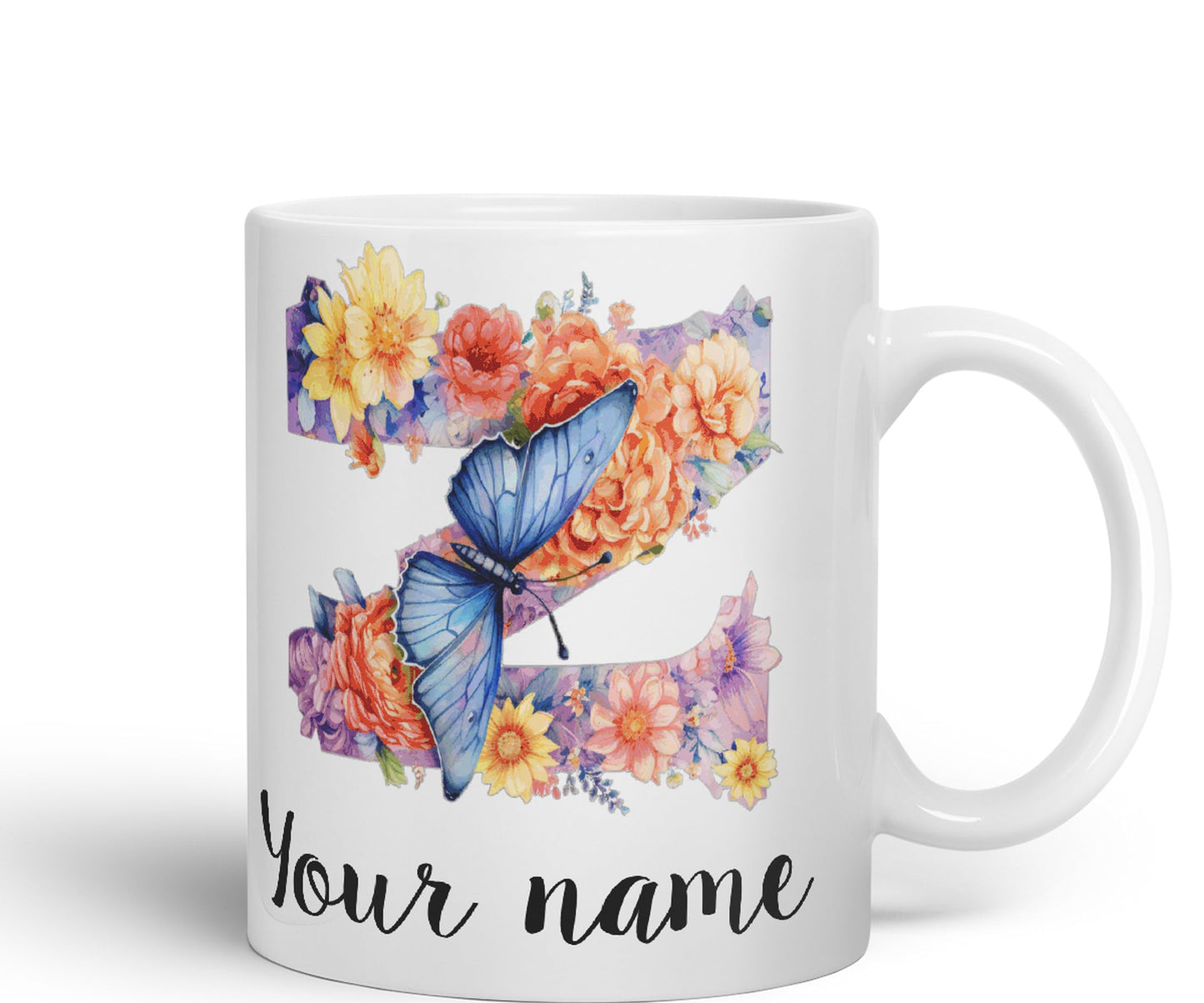 Personalised Letter Z mug, Customized Custom Floral flowers butterfly Alphabet Letter Z Monogram watercolour Ceramic Coloured Mug Cup for Tea Coffee Hot brew 330ml 11Oz Gift