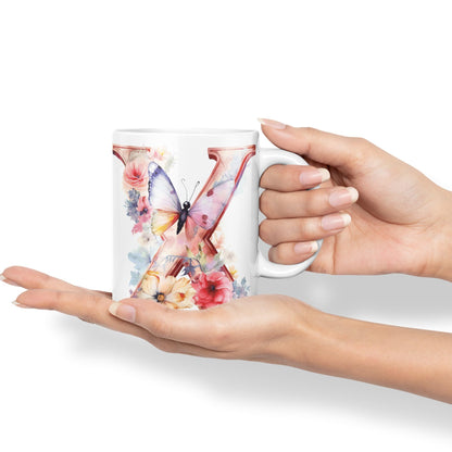 Letter X mug, Floral flowers butterfly Alphabet Letter X Monogram watercolour Ceramic Coloured Mug Cup for Tea Coffee Hot brew 330ml 11Oz Gift