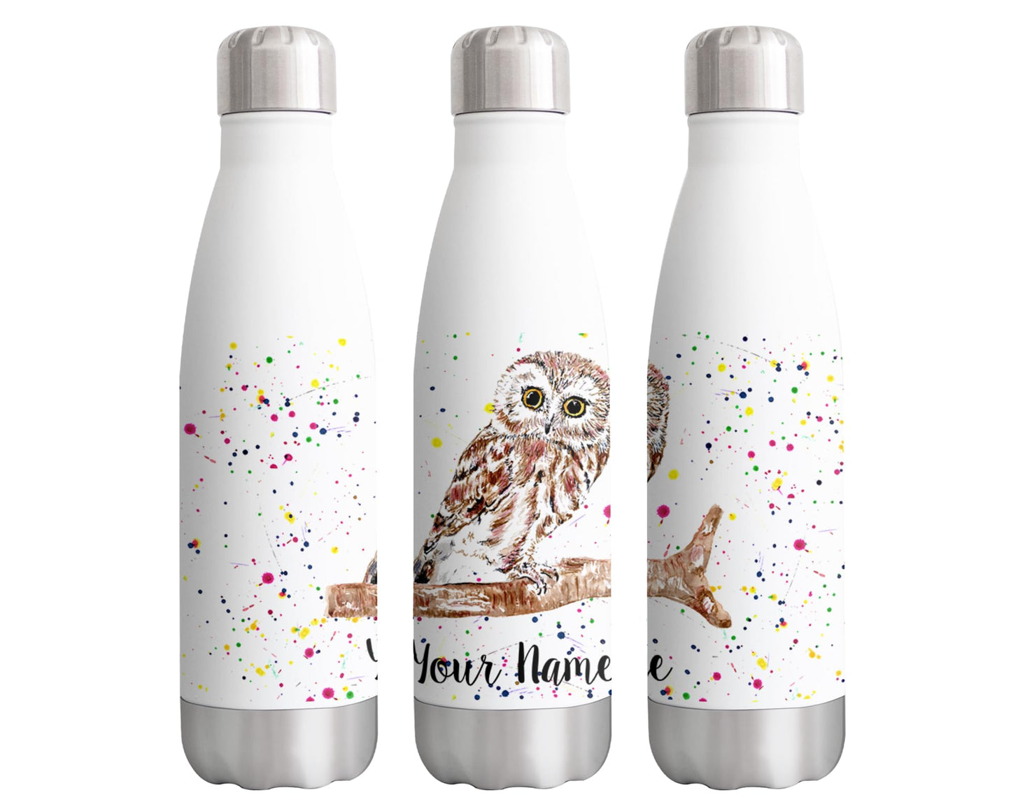 Vixar Owl Personalised Custom Bottle with your Text/name Watercolour owls Bird Animals Bottle Double Wall Insulated Stainless Steel Sport Drinks 500ml V2