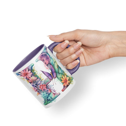 Letter H mug, Floral flowers butterfly Alphabet Letter H Monogram watercolour Ceramic Coloured Mug Cup for Tea Coffee Hot brew 330ml 11Oz Gift