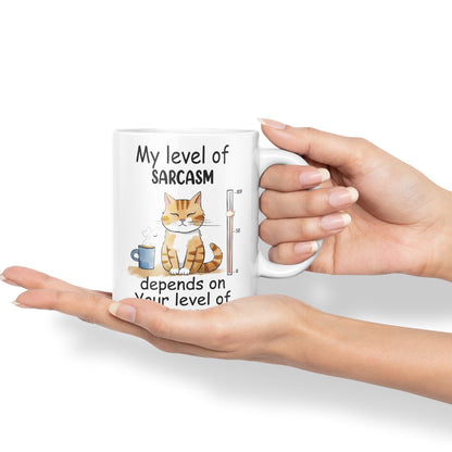 My Level of Sarcasm Depends on Your Level of Stupidity Cat Joke Ceramic Coloured Mug Cup for Tea Coffee Hot Brew 330ml 11Oz