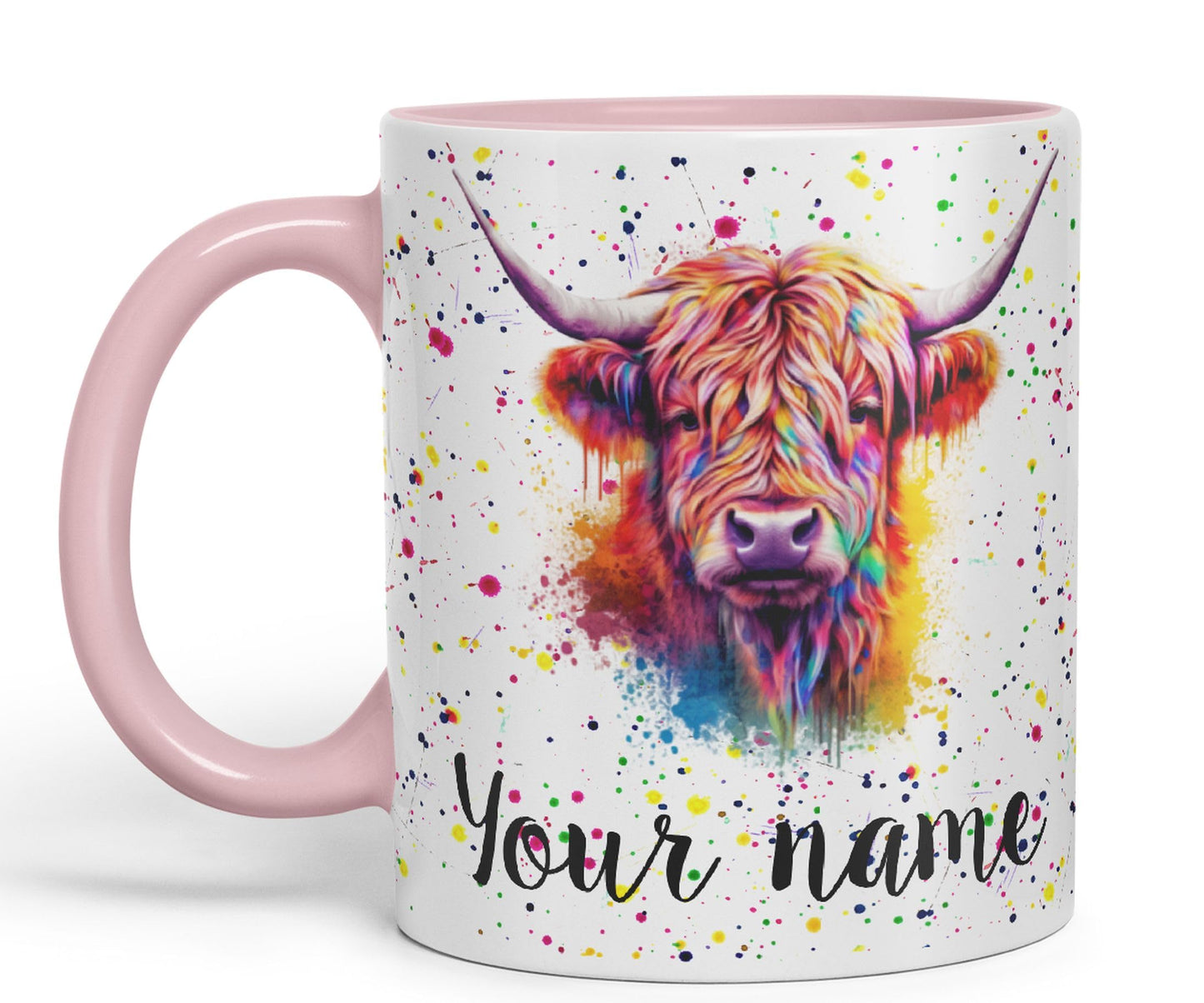 Personalised mug with Your Text name Highland Scottish Cow farm animals Watercolour Art Coloured Ceramic Mug Cup Gift 330ml 11oz Custom Work Office Tea Coffee HC4