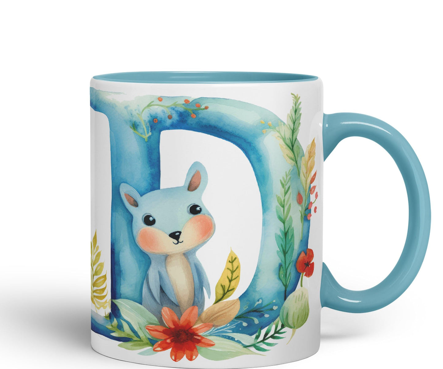 Letter D mug, Animals Alphabet Letter D Monogram animal for kids Ceramic Coloured Mug Cup for Tea Coffee Hot brew 330ml 11Oz Gift