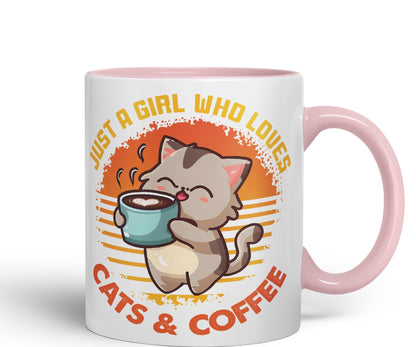 Just a Girl Who Loves Cats & Coffee, cat Sarcastic Joke Ceramic Coloured Mug Cup for Tea Coffee Hot Brew 330ml 11Oz