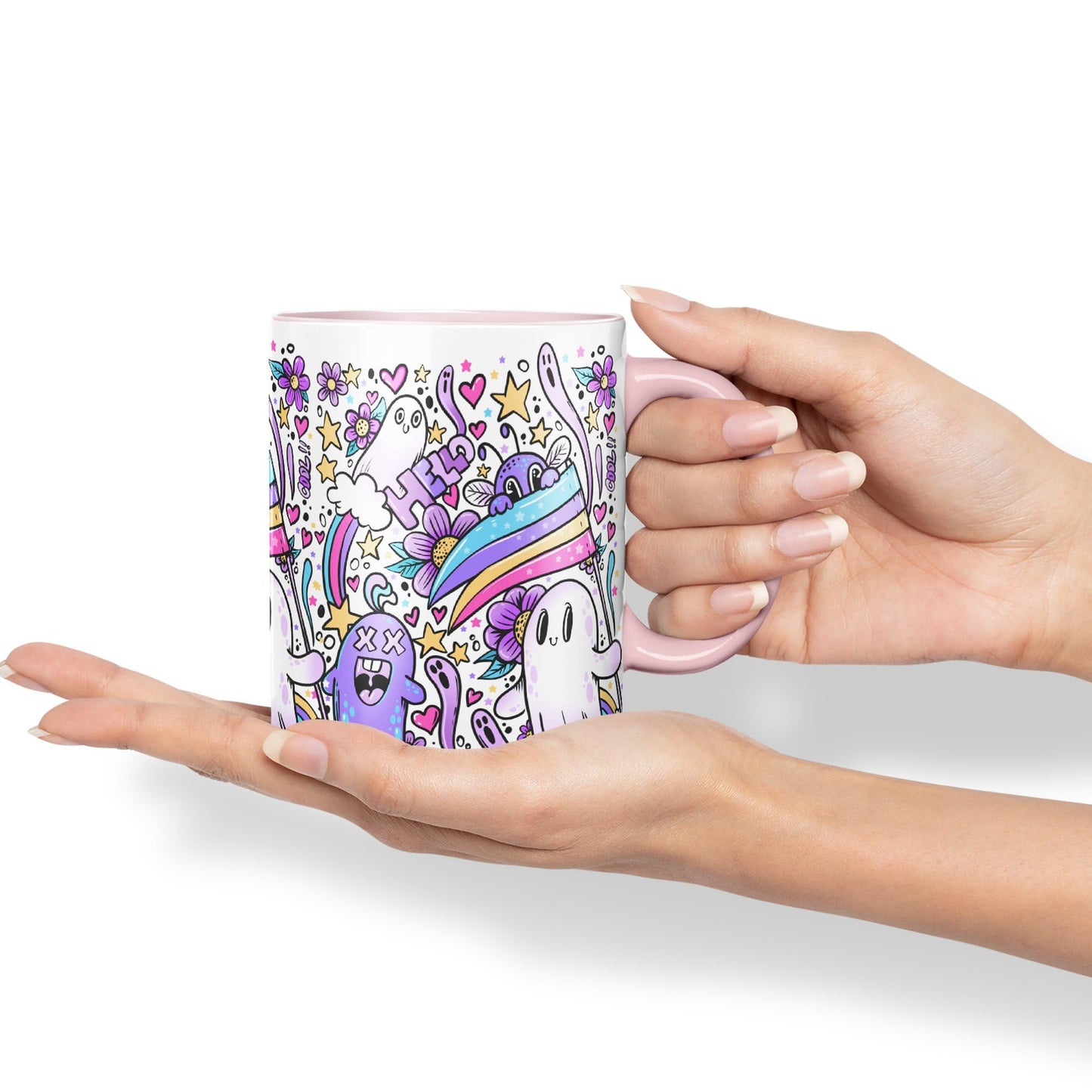 Vixar Hello Cool Kawaii Ghosts Coloured Ceramic Mug Cup Gift 330ml 11oz Work Office Tea Coffee