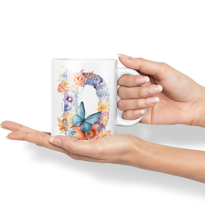 Letter Q mug, Floral flowers butterfly Alphabet Letter Q Monogram watercolour Ceramic Coloured Mug Cup for Tea Coffee Hot brew 330ml 11Oz Gift