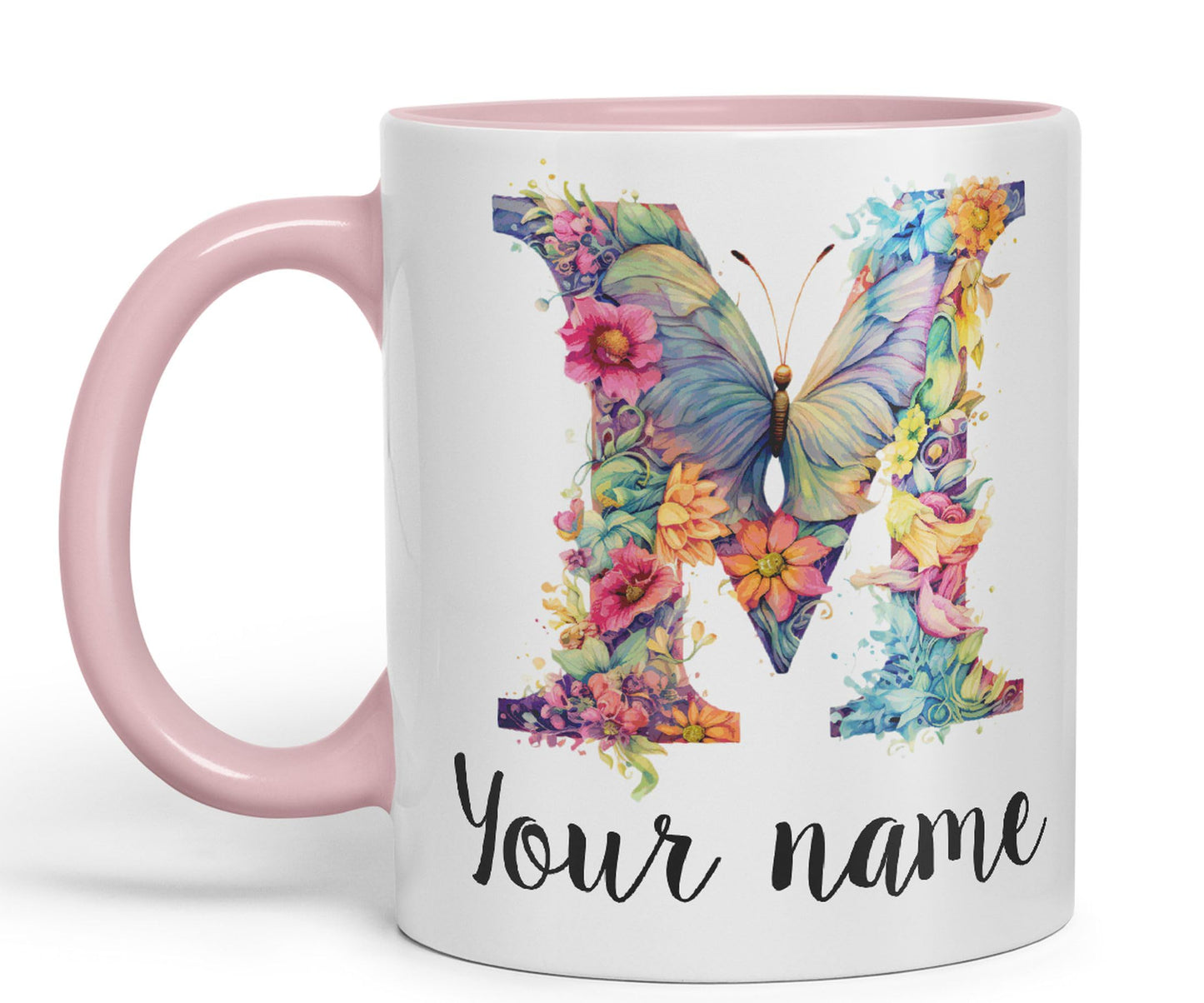 Personalised Letter M mug, Customized Custom Floral flowers butterfly Alphabet Letter M Monogram watercolour Ceramic Coloured Mug Cup for Tea Coffee Hot brew 330ml 11Oz Gift