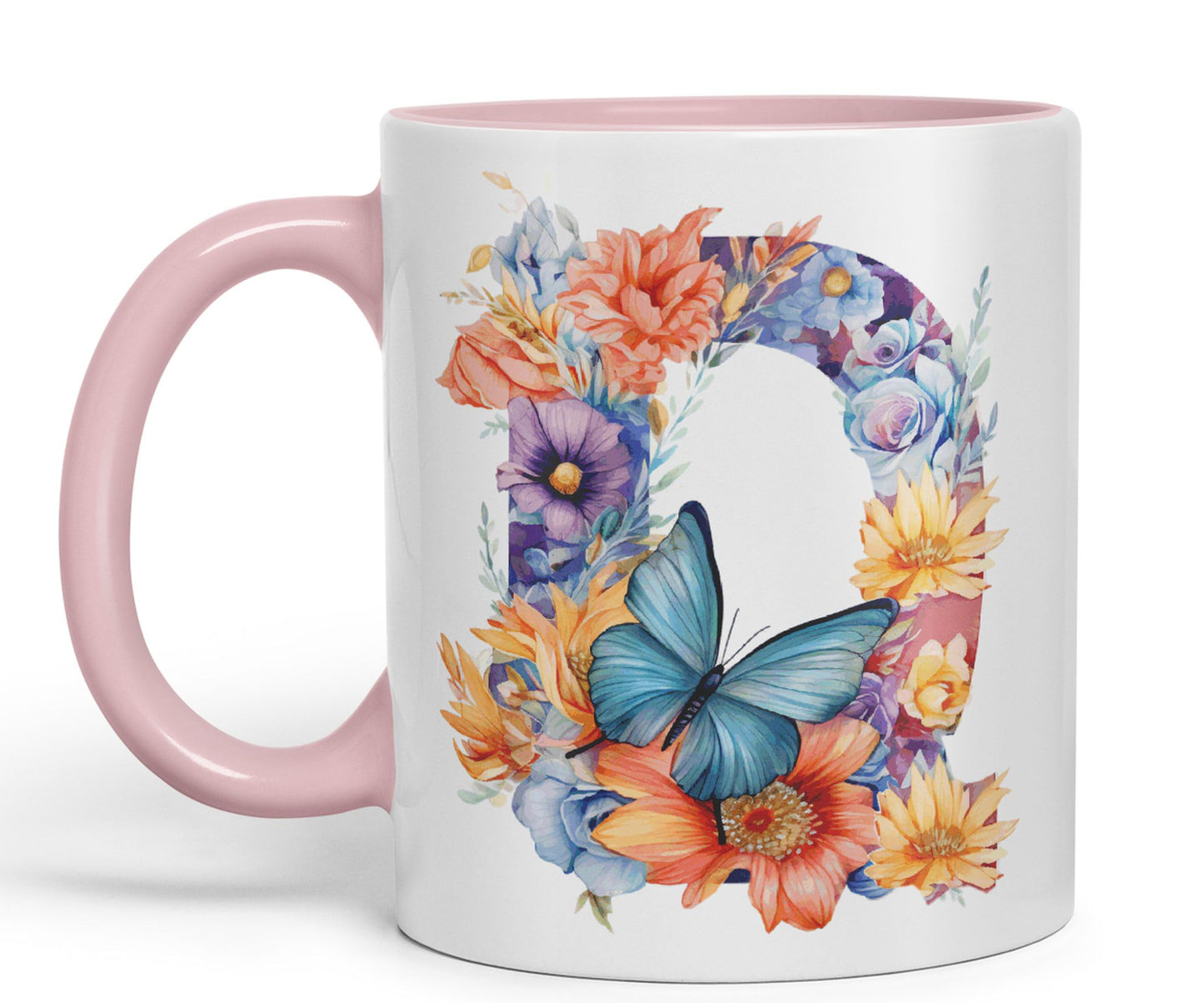 Letter Q mug, Floral flowers butterfly Alphabet Letter Q Monogram watercolour Ceramic Coloured Mug Cup for Tea Coffee Hot brew 330ml 11Oz Gift