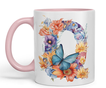 Letter Q mug, Floral flowers butterfly Alphabet Letter Q Monogram watercolour Ceramic Coloured Mug Cup for Tea Coffee Hot brew 330ml 11Oz Gift