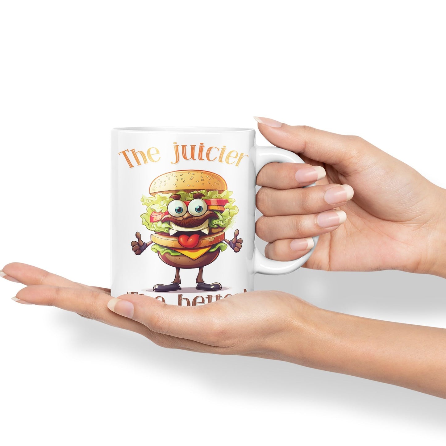 The Juicier The Better Burger, Joke sarkasm Sarcastic Ceramic Coloured Mug Cup for Tea Coffee Hot Brew 330ml 11Oz Gift