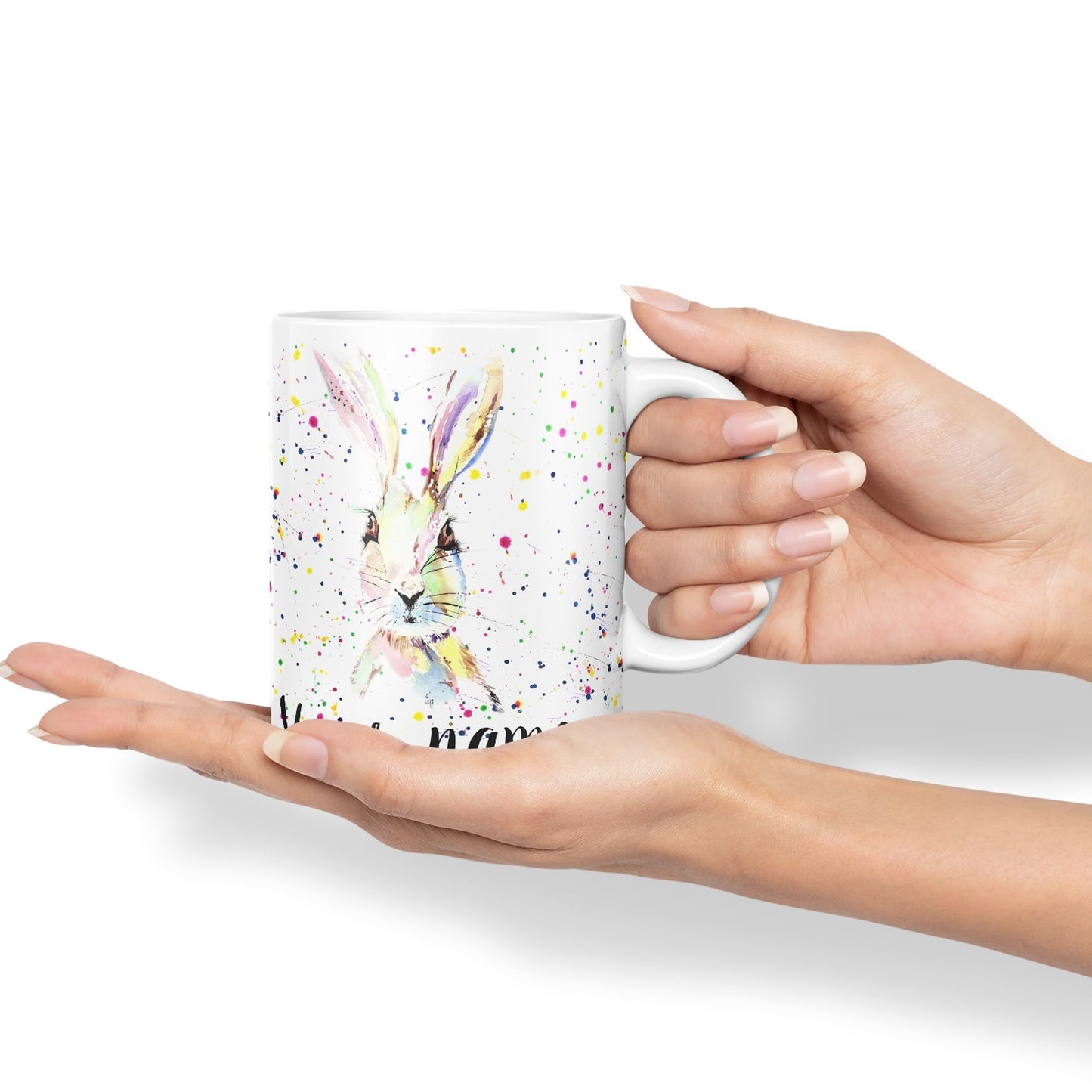 Vixar Personalised with Your Text Hare Bunny Rabbit Watercolour Art Coloured Ceramic Mug Cup Gift 330ml 11oz Custom Work Office Tea Coffee