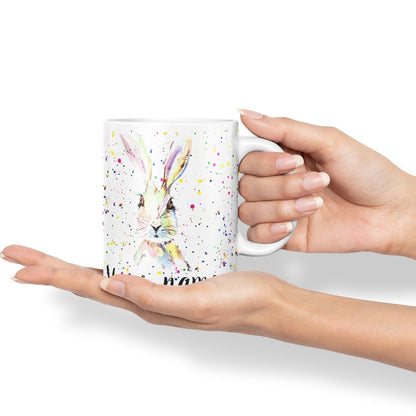 Vixar Personalised with Your Text Hare Bunny Rabbit Watercolour Art Coloured Ceramic Mug Cup Gift 330ml 11oz Custom Work Office Tea Coffee