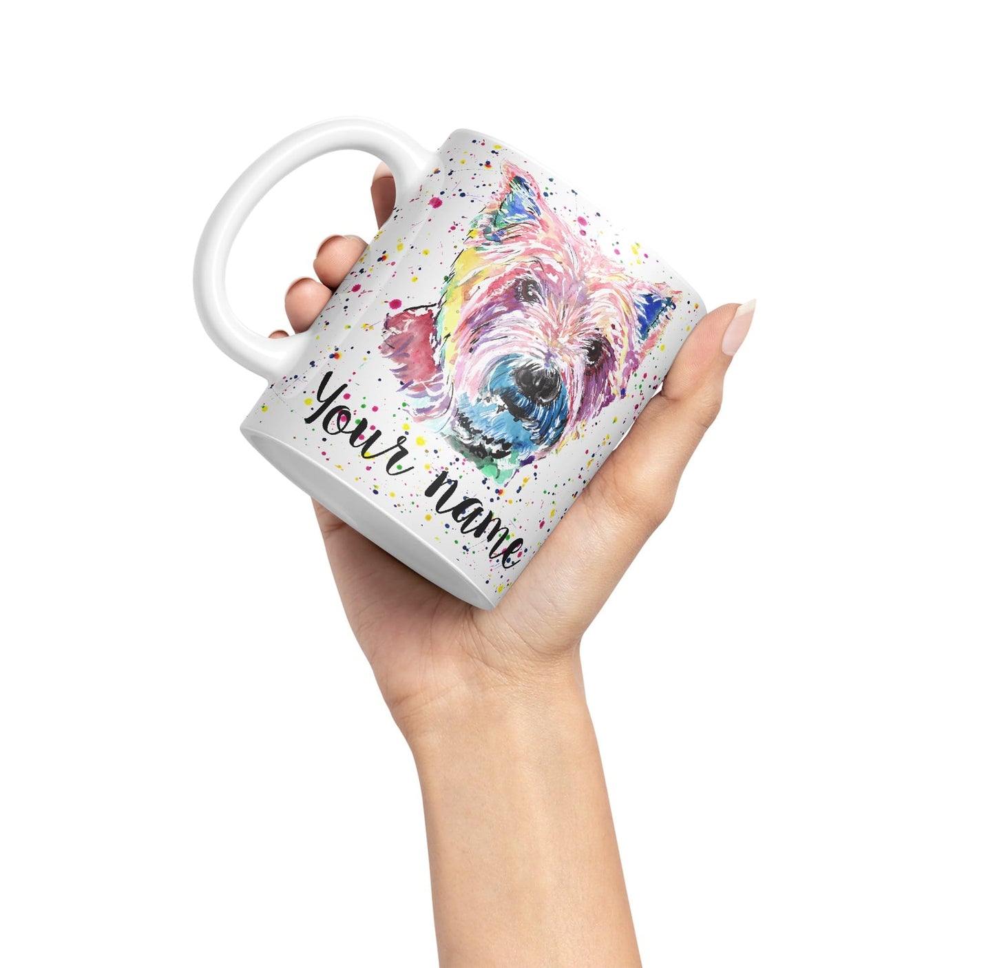 Personalised mug with Your Text name West Highland terrier Scottish animals Watercolour Art Coloured Ceramic Mug Cup Gift 330ml 11oz Custom Work Office Tea Coffee