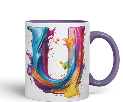 Letter U mug, Alphabet Letter U Monogram watercolour Ceramic Coloured Mug Cup for Tea Coffee Hot brew 330ml 11Oz Gift