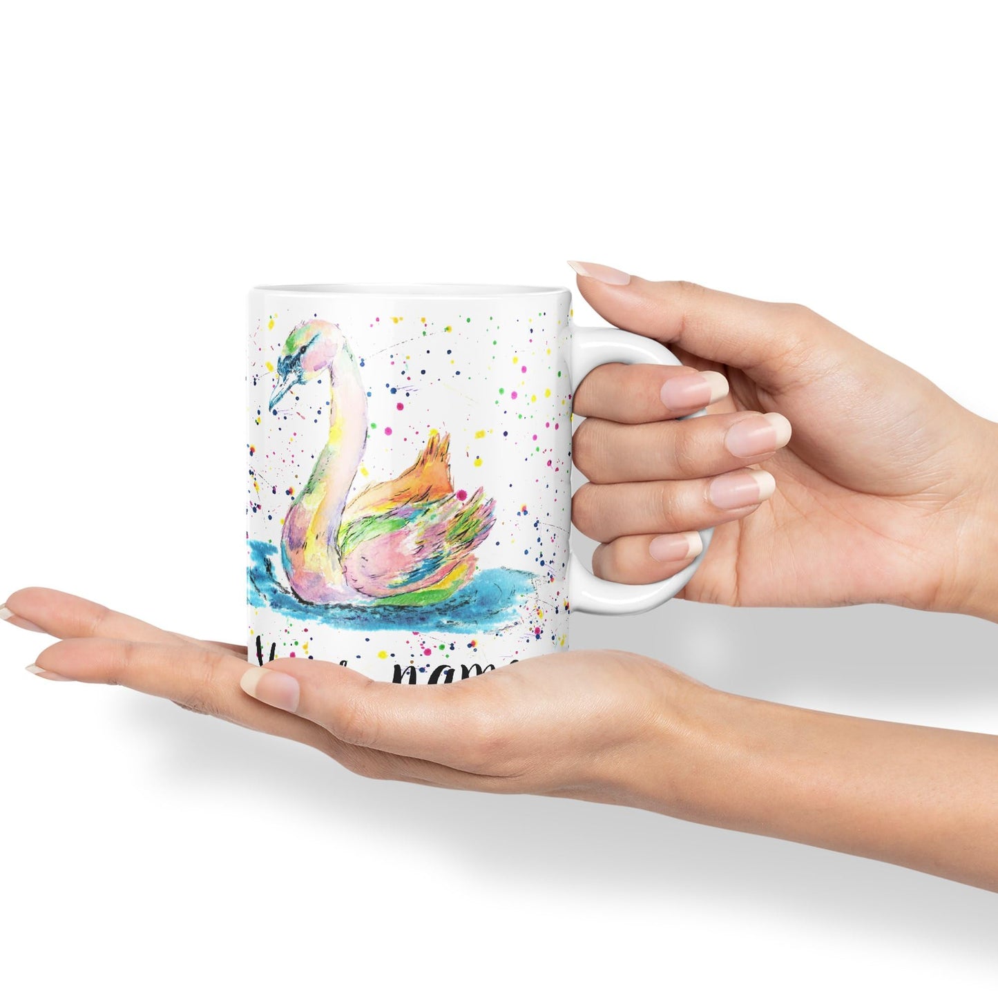 Vixar Personalised with Your Text Swan Bird Animals Watercolour Art Coloured Ceramic Mug Cup Gift 330ml 11oz Custom Work Office Tea Coffee (O2)