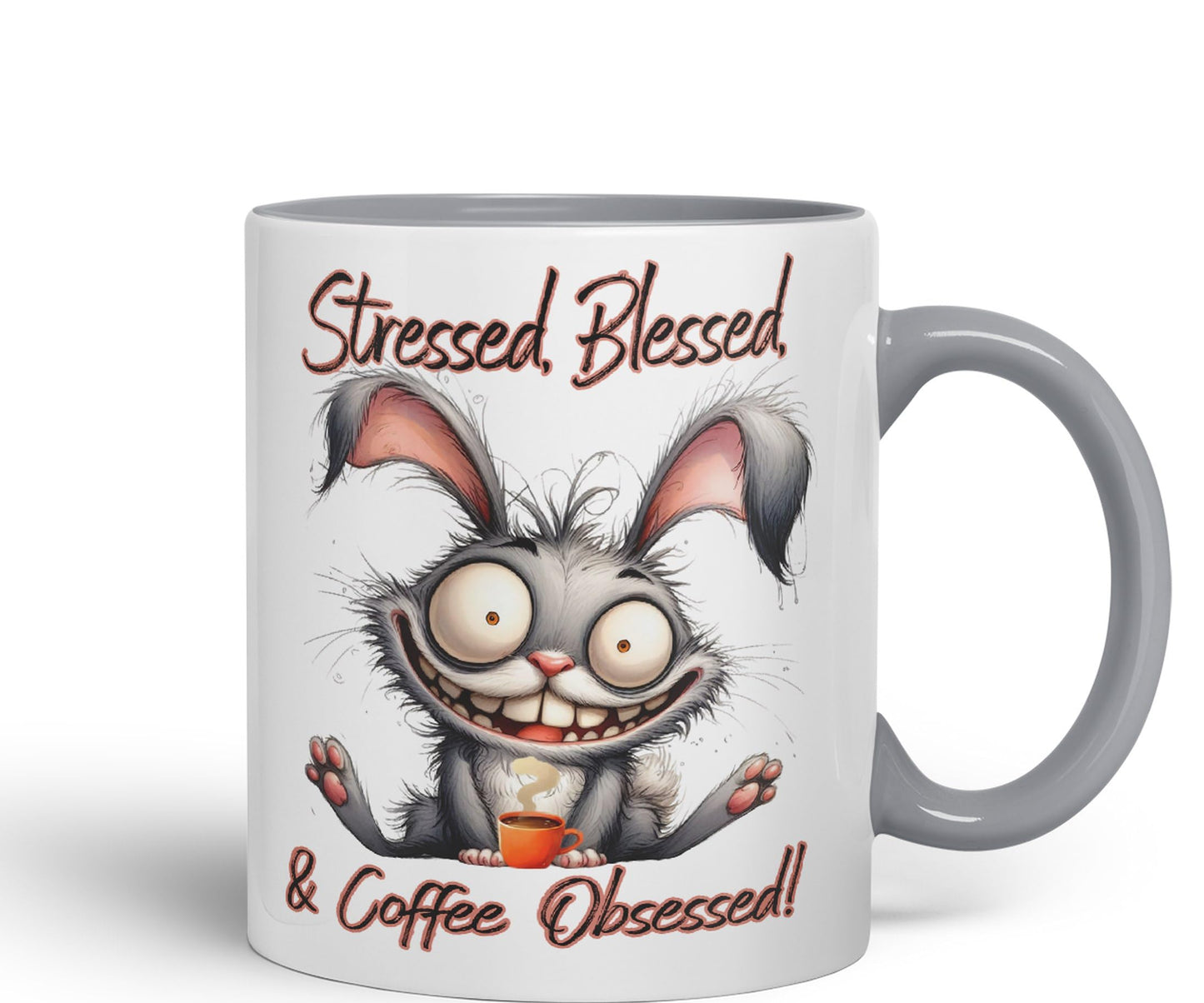 Stressed, Blessed & Coffee Obsessed! Bunny Hare Joke sarkasm Sarcastic Ceramic Coloured Mug Cup for Tea Coffee Hot Brew 330ml 11Oz Gift