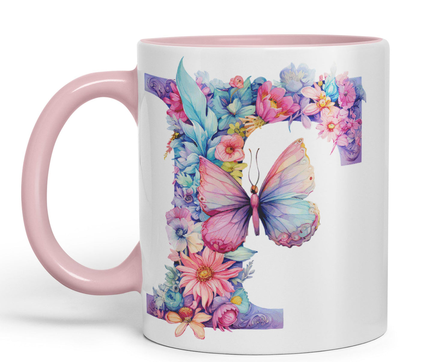 Letter F mug, Floral flowers butterfly Alphabet Letter F Monogram watercolour Ceramic Coloured Mug Cup for Tea Coffee Hot brew 330ml 11Oz Gift