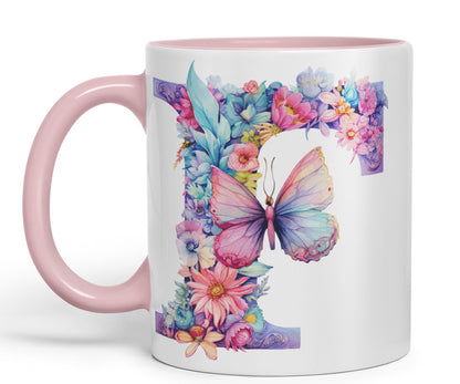 Letter F mug, Floral flowers butterfly Alphabet Letter F Monogram watercolour Ceramic Coloured Mug Cup for Tea Coffee Hot brew 330ml 11Oz Gift