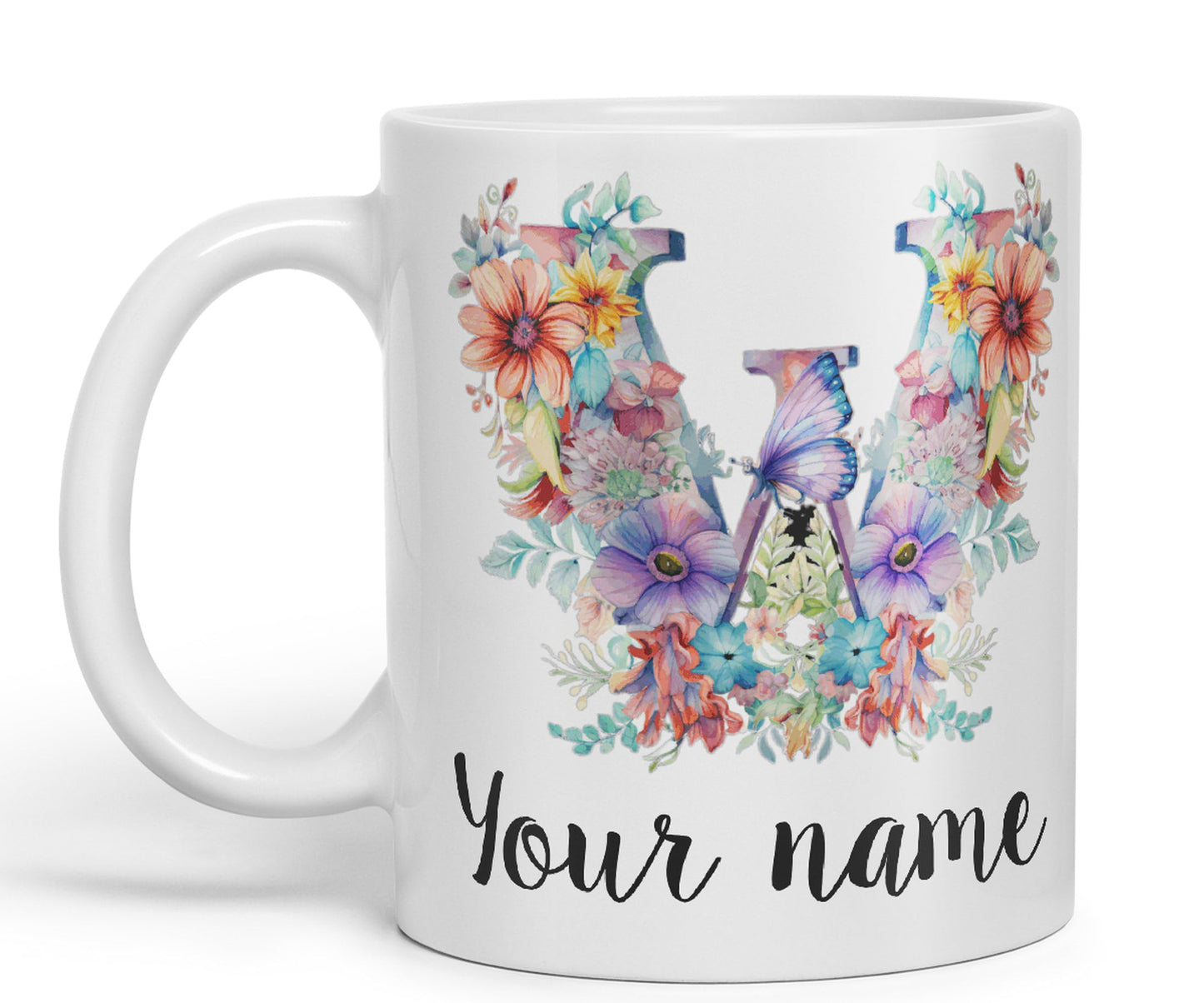 Personalised Letter W mug, Customized Custom Floral flowers butterfly Alphabet Letter W Monogram watercolour Ceramic Coloured Mug Cup for Tea Coffee Hot brew 330ml 11Oz Gift