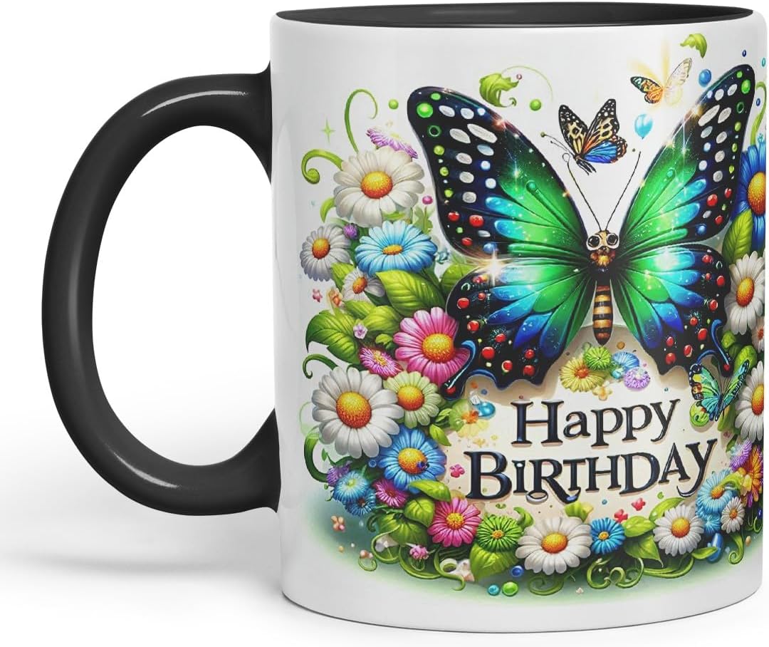 Vixar Happy Birthday Green Butterfly Daisies Coloured Ceramic Mug Cup Gift 11oz V8 (Black)