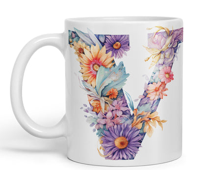 Letter V mug, Floral flowers butterfly Alphabet Letter V Monogram watercolour Ceramic Coloured Mug Cup for Tea Coffee Hot brew 330ml 11Oz Gift