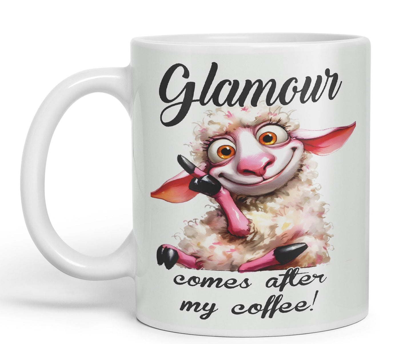Glamour Comes After My Coffee! Sheep Joke sarkasm Sarcastic Ceramic Coloured Mug Cup for Tea Coffee Hot Brew 330ml 11Oz Gift