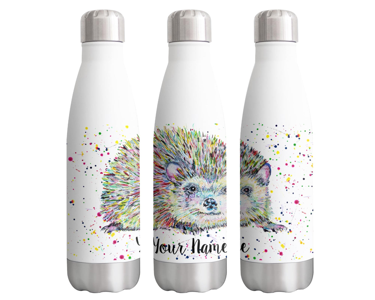 Vixar Hedgehog Personalised Custom Bottle with your Text/name Watercolour Art wildlife animal Bottle double Wall insulated Stainless steel sport Drinks 500ml Hv1