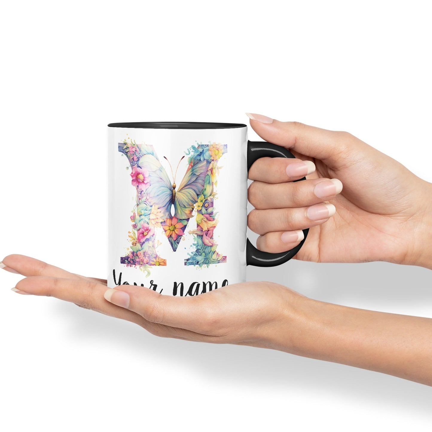 Personalised Letter M mug, Customized Custom Floral flowers butterfly Alphabet Letter M Monogram watercolour Ceramic Coloured Mug Cup for Tea Coffee Hot brew 330ml 11Oz Gift