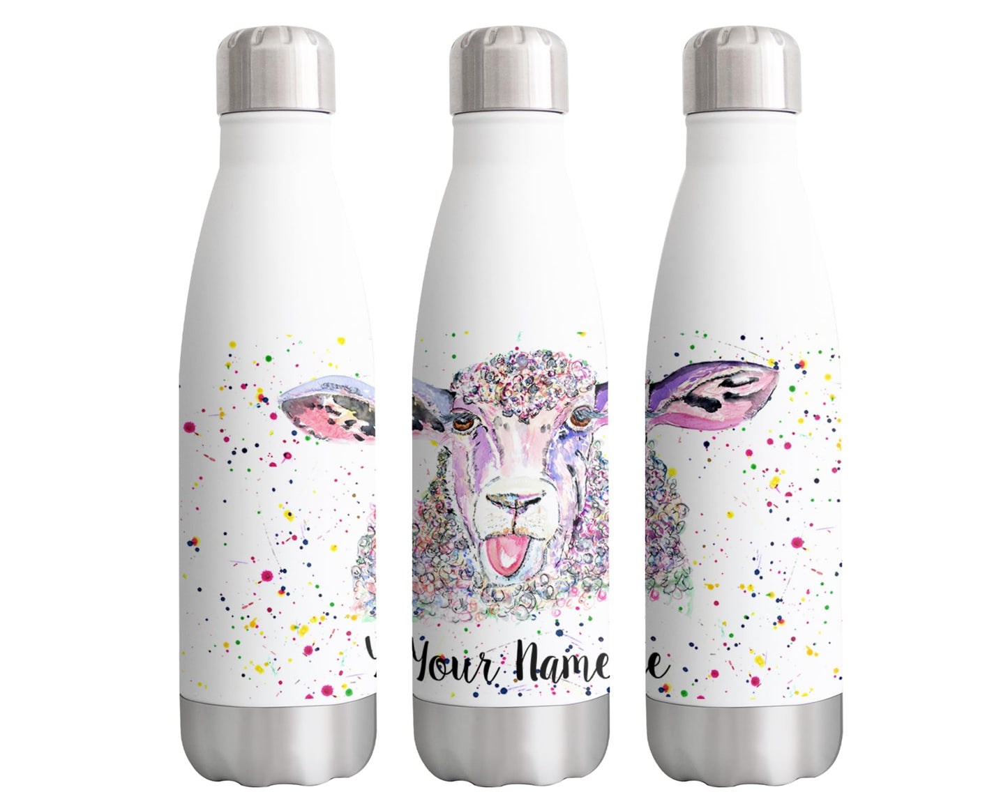 Vixar Sheep Eve Personalised Custom Bottle with your Text/name Watercolour Farm Animals Bottle Double Wall Insulated Stainless Steel Sport Drinks 500ml