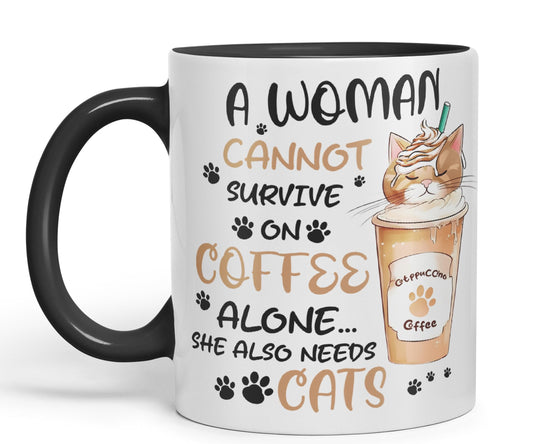 Vixar A Woman Cannot Survive on Coffee Cats Sarcastic Joke Ceramic Coloured Mug Cup for Tea Coffee Hot Brew 330ml 11Oz