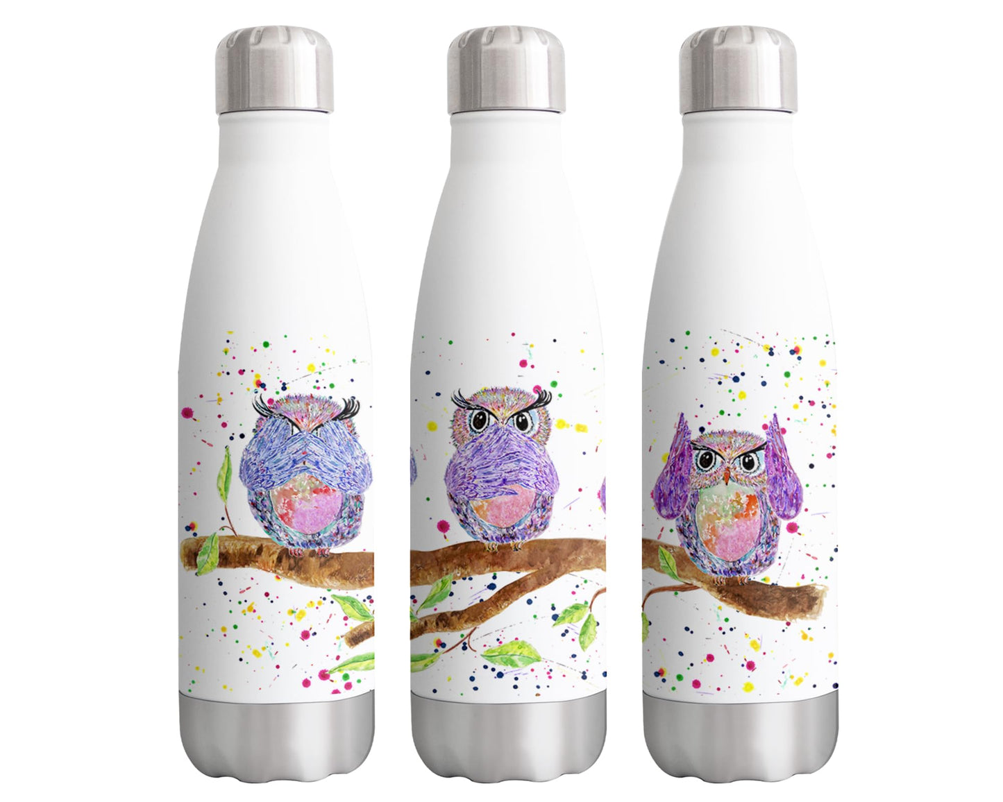 Vixar Owls Bottle Owl See Hear Speak no Evil Bird Animals Watercolour Bottle double Wall insulated Stainless steel sport Drinks 500ml