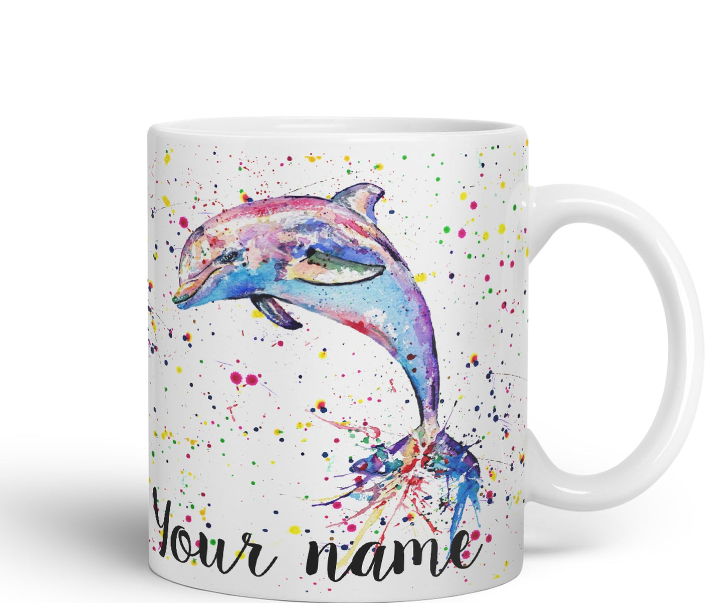 Vixar Personalised with Your Text Dolphin Sea Animal Watercolour Art Coloured Ceramic Mug Cup Gift 330ml 11oz Custom Work Office Tea Coffee