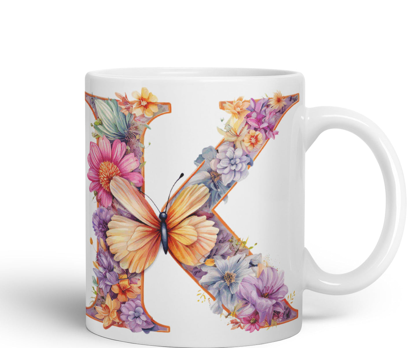 Letter K mug, Floral flowers butterfly Alphabet Letter K Monogram watercolour Ceramic Coloured Mug Cup for Tea Coffee Hot brew 330ml 11Oz Gift