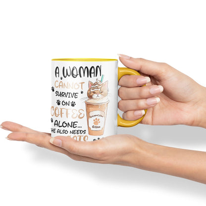 Vixar A Woman Cannot Survive on Coffee Cats Sarcastic Joke Ceramic Coloured Mug Cup for Tea Coffee Hot Brew 330ml 11Oz