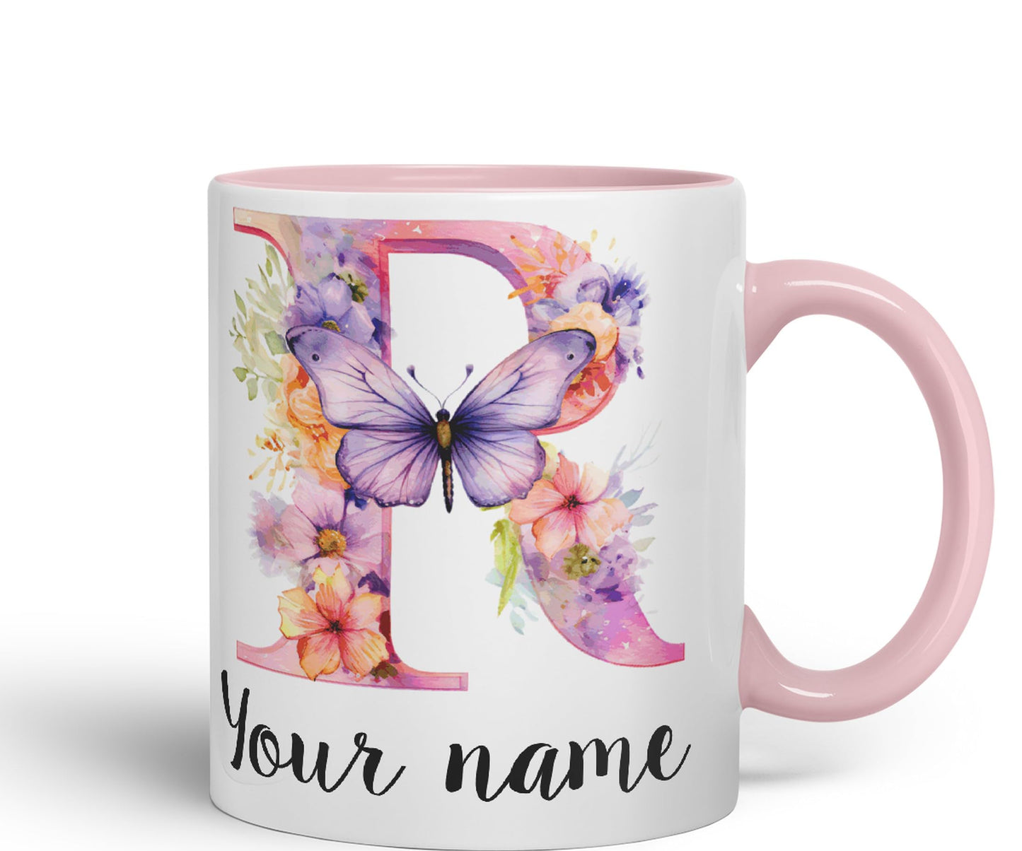 Personalised Letter R mug, Customized Custom Floral flowers butterfly Alphabet Letter R Monogram watercolour Ceramic Coloured Mug Cup for Tea Coffee Hot brew 330ml 11Oz Gift