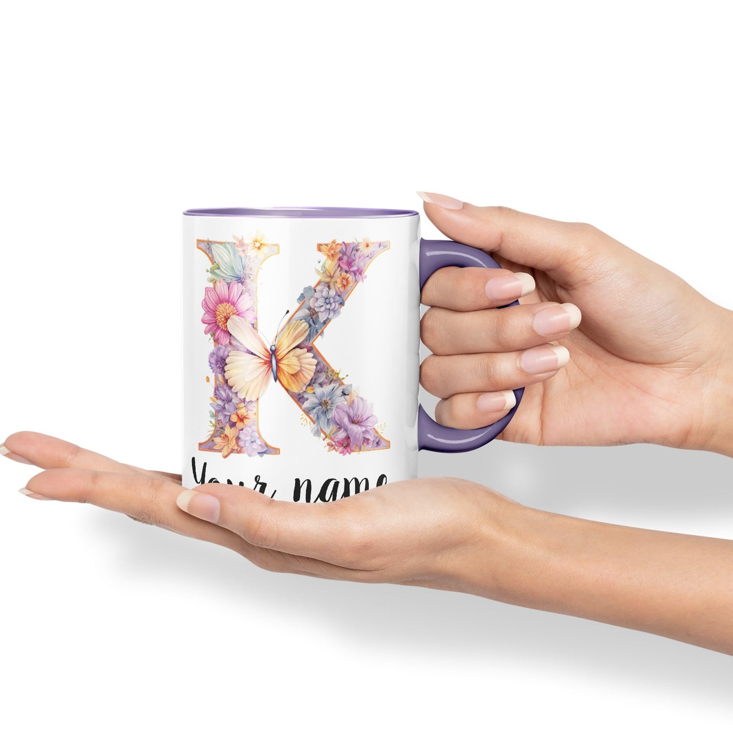 Personalised Letter K mug, Customized Custom Floral flowers butterfly Alphabet Letter K Monogram watercolour Ceramic Coloured Mug Cup for Tea Coffee Hot brew 330ml 11Oz Gift