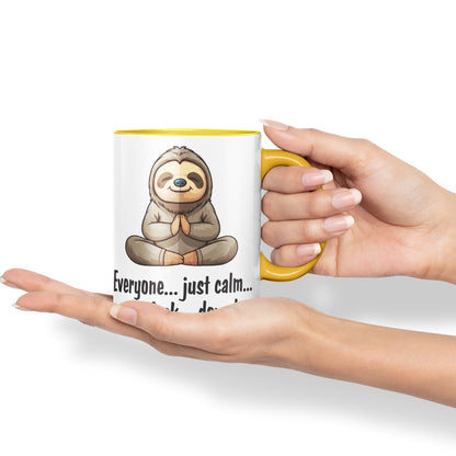 Everyone… just Calm… The f.. Down! Sloth Sarcastic Joke Ceramic Coloured Mug Cup for Tea Coffee Hot Brew 330ml 11 OZ