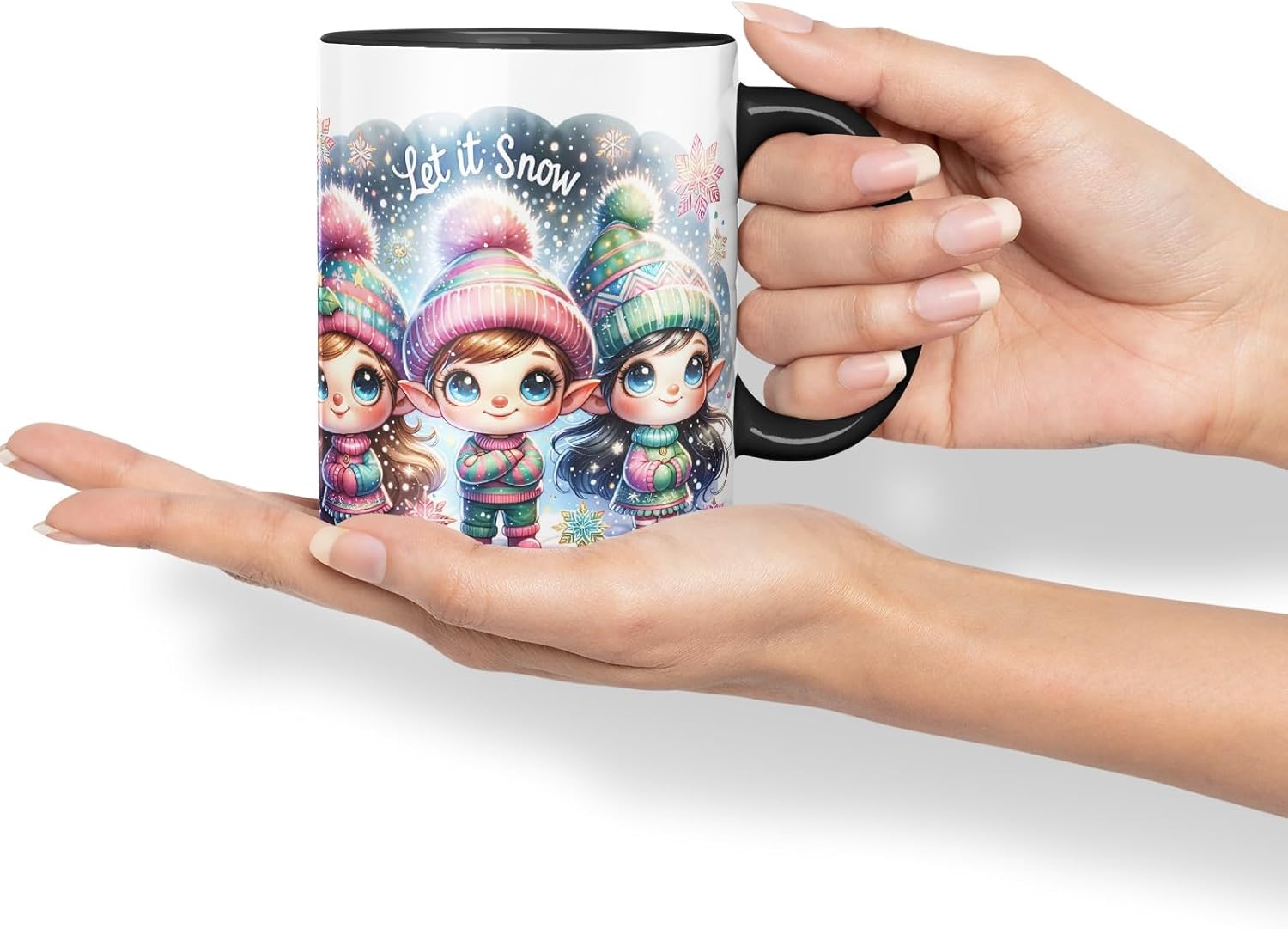 Vixar Let It Snow Cute Christmas Elves Coloured Mug Cup Winter Gift 11oz (Black)