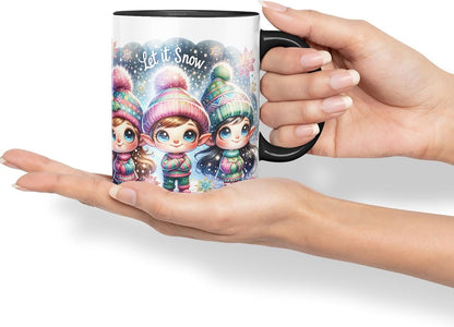 Vixar Let It Snow Cute Christmas Elves Coloured Mug Cup Winter Gift 11oz (Black)