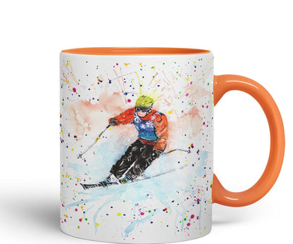 Skiing Ski winter sport watercolour Ceramic Coloured Mug Cup for Tea Coffee Hot brew 330ml 11Oz Gift