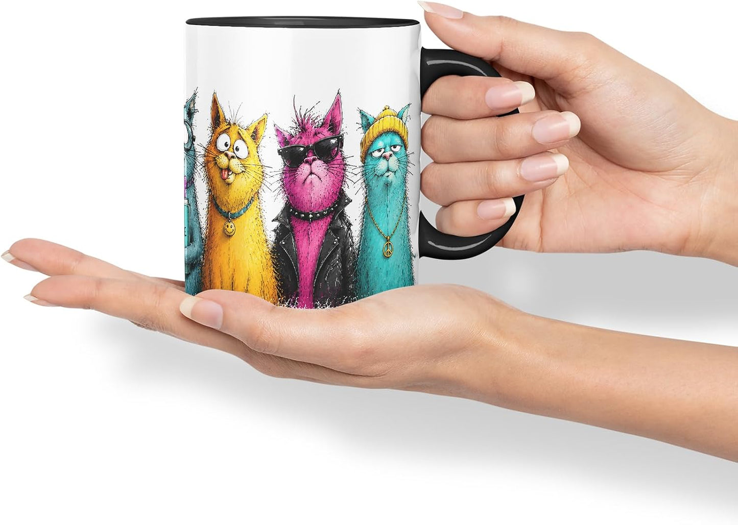 Vixar Crazy Cats Mug – Funny Cat Lover Coloured Ceramic Mug Cup Gift, 11oz (Black)