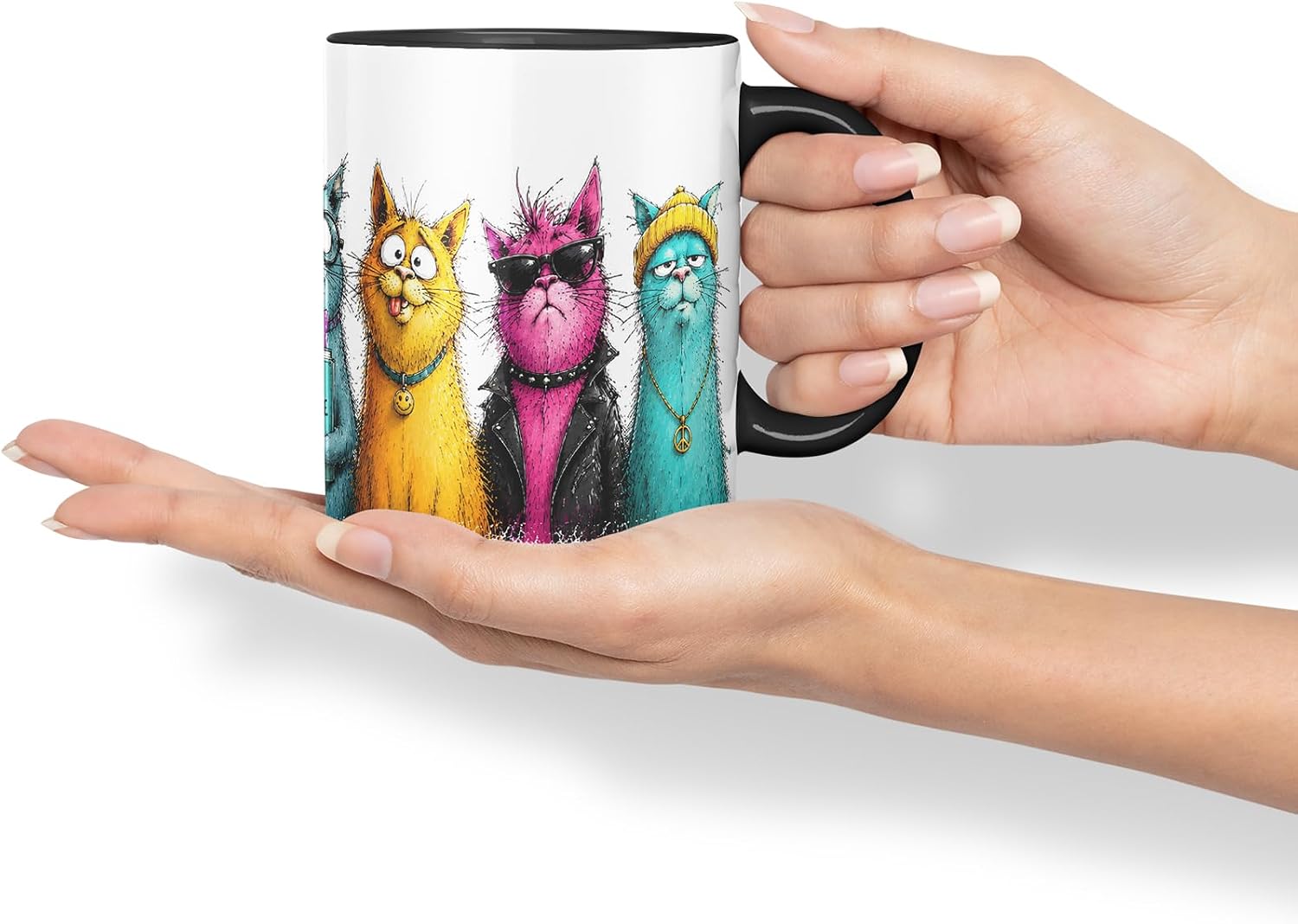 Vixar Crazy Cats Mug – Funny Cat Lover Coloured Ceramic Mug Cup Gift, 11oz (Black)