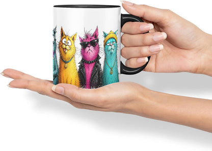 Vixar Crazy Cats Mug – Funny Cat Lover Coloured Ceramic Mug Cup Gift, 11oz (Black)