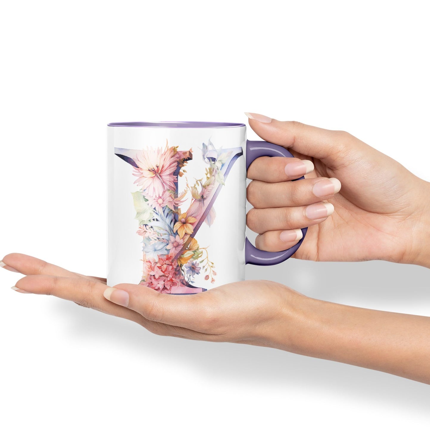 Letter Y mug, Floral flowers butterfly Alphabet Letter Y Monogram watercolour Ceramic Coloured Mug Cup for Tea Coffee Hot brew 330ml 11Oz Gift