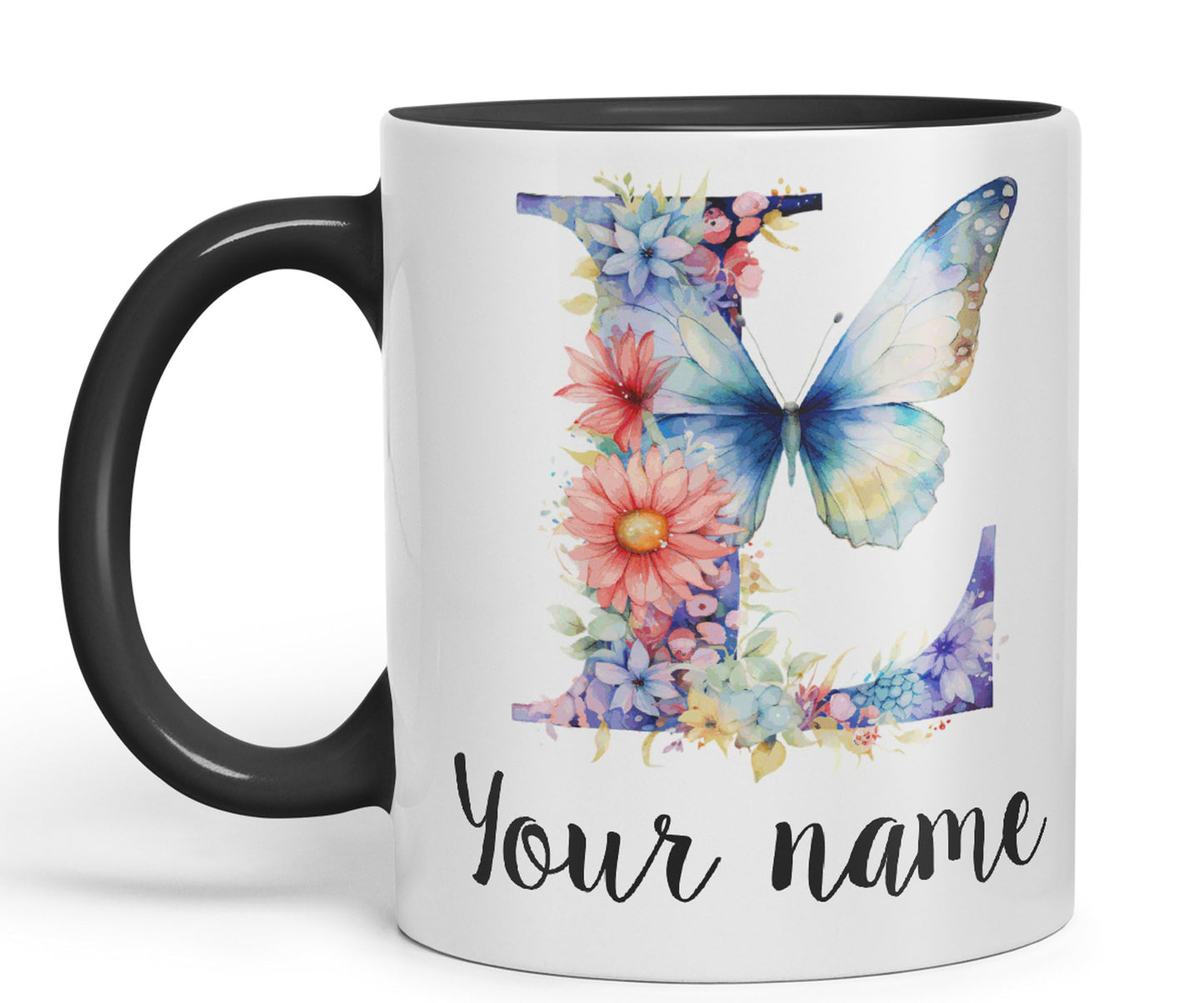 Personalised Letter L mug, Customized Custom Floral flowers butterfly Alphabet Letter L Monogram watercolour Ceramic Coloured Mug Cup for Tea Coffee Hot brew 330ml 11Oz Gift